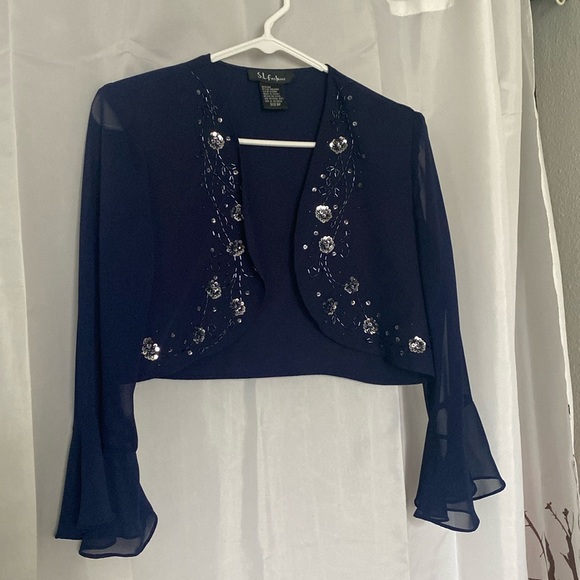 Navy evening west crop jacket with sheer sleeves & embroidered beading . Size 8P - Picture 1 of 5